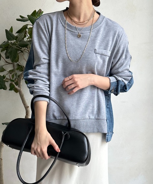 DouDou（ドゥドゥ）の「【WEB限定】デニム×カットソープルオーバー（Tシャツ/カットソー・レディース・ブラック/グレー・FREE）」の2枚目の写真