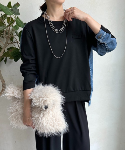 DouDou（ドゥドゥ）の「【WEB限定】デニム×カットソープルオーバー（Tシャツ/カットソー・レディース・ブラック/グレー・FREE）」の14枚目の写真
