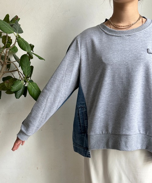 DouDou（ドゥドゥ）の「【WEB限定】デニム×カットソープルオーバー（Tシャツ/カットソー・レディース・ブラック/グレー・FREE）」の4枚目の写真