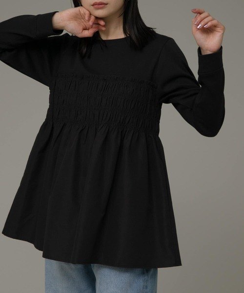 URBAN RESEARCH Sonny Label（アーバンリサーチサニーレーベル）の「シャーリングビスチェドッキングカットプルオーバー（Tシャツ/カットソー・レディース・ブラック/オフホワイト/ストライプ・FREE）」の3枚目の写真