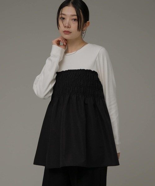 URBAN RESEARCH Sonny Label（アーバンリサーチサニーレーベル）の「シャーリングビスチェドッキングカットプルオーバー（Tシャツ/カットソー・レディース・ブラック/オフホワイト/ストライプ・FREE）」の4枚目の写真