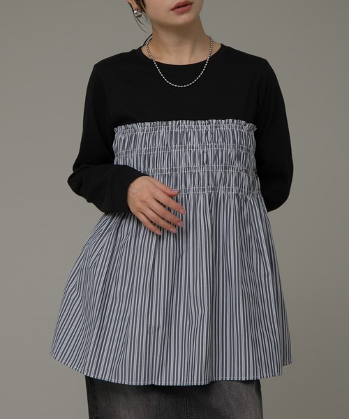 URBAN RESEARCH Sonny Label（アーバンリサーチサニーレーベル）の「シャーリングビスチェドッキングカットプルオーバー（Tシャツ/カットソー・レディース・ブラック/オフホワイト/ストライプ・FREE）」の21枚目の写真