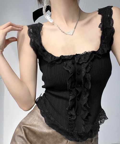 Maglia Plus マリア プラス ボリュームフリルタンクトップ SALE セール】フリルレースリブ編みタンクトップ（タンクトップ