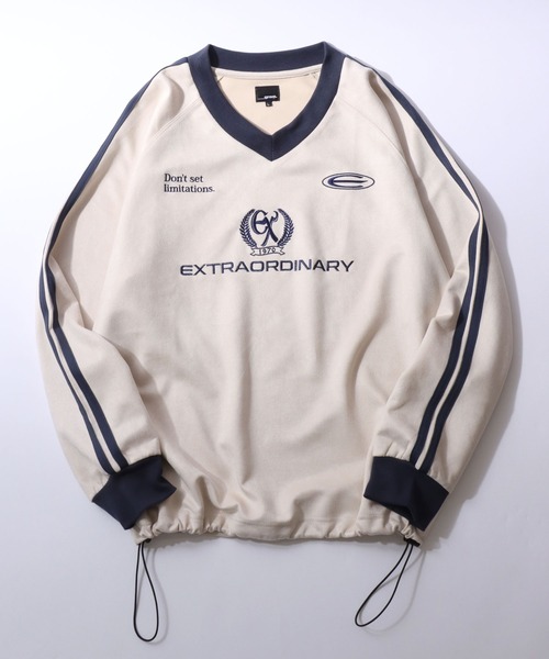 SITRY（シトリー）の「Fake Suede Game Sweat shirt/オーバーサイズ ブロークコア ゲームシャツ ユニフォーム フェイクスエード トレーナー スウェット（スウェット・メンズ・チャコール/グレイッシュブルー/アイボリー/グレー系その他/ネイビー/ホワイト系その他・L/M）」の3枚目の写真