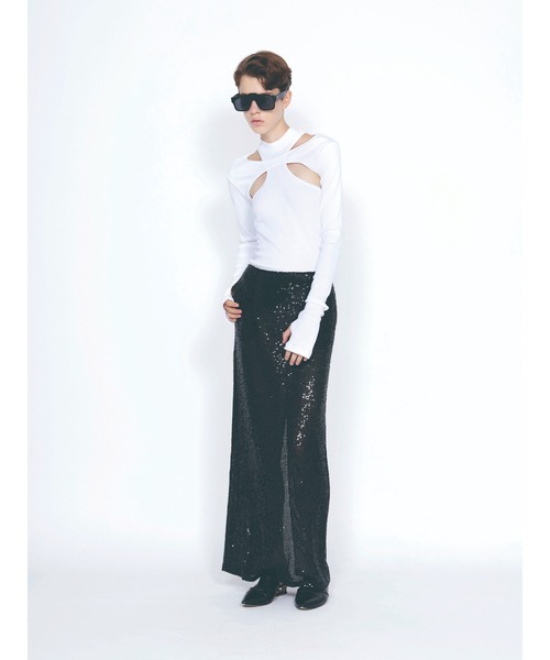 JOHN LAWRENCE SULLIVAN（ジョンローレンスサリバン）の「MOCK NECK LAYERED RIB TOP（Tシャツ/カットソー・レディース・ブラック/ホワイト/ブラウン・ONE SIZE）」の8枚目の写真