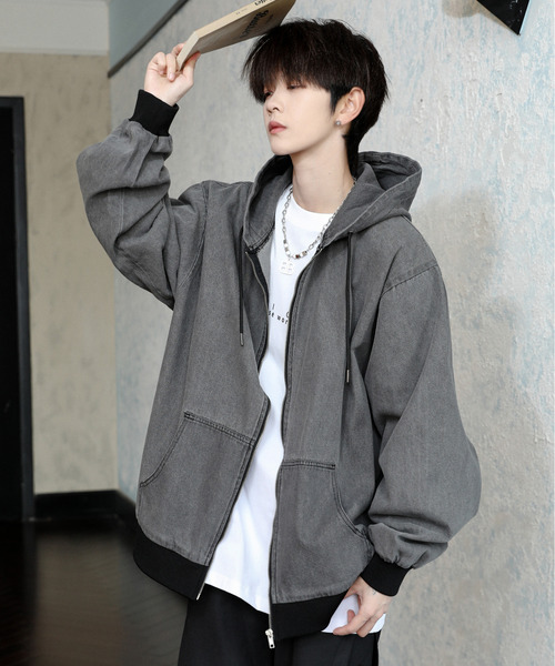 neos（ネオス）の「【neos】ルーズシルエット ヴィンテージライク ケミカルウォッシュ デニム ジップ パーカー（パーカー・メンズ・ブラック系/ブルー系/ブラック/ブルー・MEDIUM/LARGE/X-LARGE）」の3枚目の写真