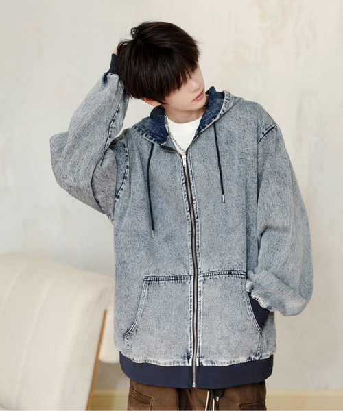 neos（ネオス）の「【neos】ルーズシルエット ヴィンテージライク ケミカルウォッシュ デニム ジップ パーカー（パーカー・メンズ・ブラック系/ブルー系/ブラック/ブルー・MEDIUM/LARGE/X-LARGE）」の14枚目の写真