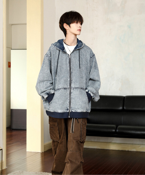 neos（ネオス）の「【neos】ルーズシルエット ヴィンテージライク ケミカルウォッシュ デニム ジップ パーカー（パーカー・メンズ・ブラック系/ブルー系/ブラック/ブルー・MEDIUM/LARGE/X-LARGE）」の16枚目の写真