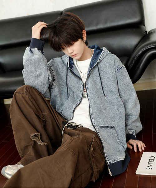 neos（ネオス）の「【neos】ルーズシルエット ヴィンテージライク ケミカルウォッシュ デニム ジップ パーカー（パーカー・メンズ・ブラック系/ブルー系/ブラック/ブルー・MEDIUM/LARGE/X-LARGE）」の17枚目の写真