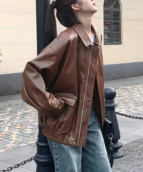 Miniministore（ミニミニストア）の「ブルゾン ジップアップジャケット 韓国風（ライダースジャケット・レディース・ブラウン/ブラック・FREE）」の8枚目の写真