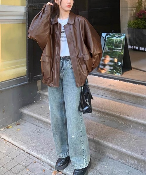 Miniministore（ミニミニストア）の「ブルゾン ジップアップジャケット 韓国風（ライダースジャケット・レディース・ブラウン/ブラック・FREE）」の9枚目の写真