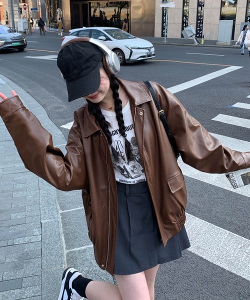 Miniministore（ミニミニストア）の「ブルゾン ジップアップジャケット 韓国風（ライダースジャケット・レディース・ブラウン/ブラック・FREE）」の10枚目の写真