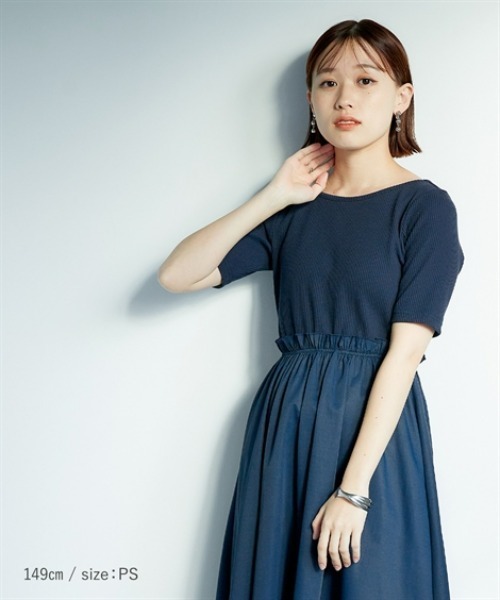 Petitjo(プッチージョ)の「小さいサイズ 半袖ドッキングフレアワンピース 低身長さん・小柄女性(ワンピース・レディース・ネイビー/ブラウン系・PSS/PS/PM/PL)」の9枚目の写真