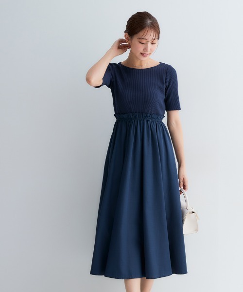 Petitjo(プッチージョ)の「小さいサイズ 半袖ドッキングフレアワンピース 低身長さん・小柄女性(ワンピース・レディース・ネイビー/ブラウン系・PSS/PS/PM/PL)」の13枚目の写真