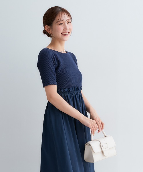 Petitjo(プッチージョ)の「小さいサイズ 半袖ドッキングフレアワンピース 低身長さん・小柄女性(ワンピース・レディース・ネイビー/ブラウン系・PSS/PS/PM/PL)」の15枚目の写真