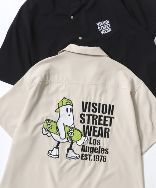 VISION STREET WEAR(ヴィジョンストリートウェア)の「VISION STREET WEAR/ヴィジョンストリートウェア オーバーサイズ バックプリント ロゴ ワンポイント刺繍 オープンカラー 半袖シャツ/レディース メンズ(シャツ/ブラウス・メンズ・ブラック/アイボリー・LL/L/M)」の2枚目の写真