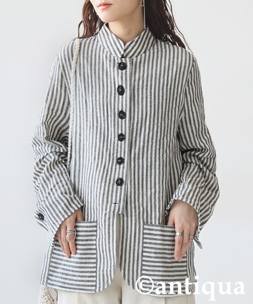 antiqua（アンティカ）の「ストライプデザインシャツ（シャツ/ブラウス・レディース・ナチュラル/ブラック・ONESIZE）」の2枚目の写真