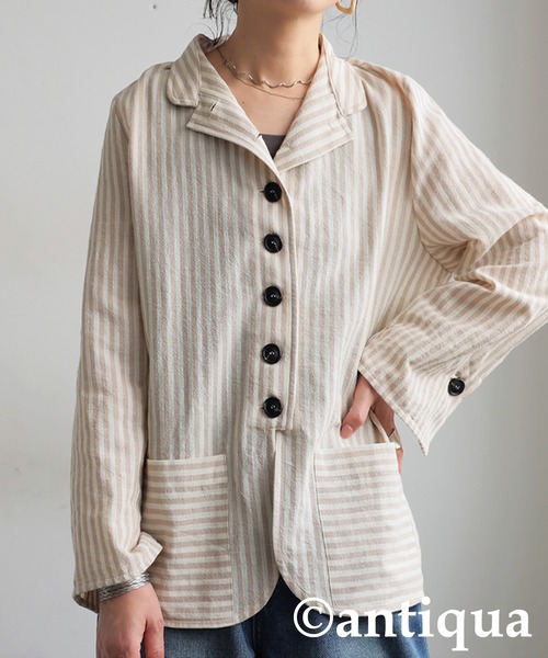 antiqua（アンティカ）の「ストライプデザインシャツ（シャツ/ブラウス・レディース・ナチュラル/ブラック・ONESIZE）」の6枚目の写真