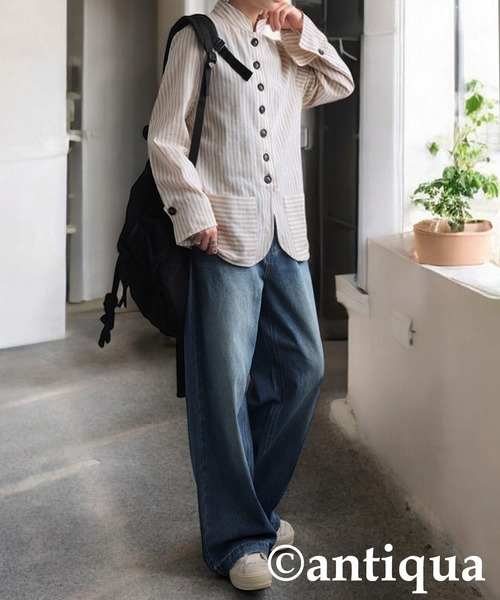 antiqua（アンティカ）の「ストライプデザインシャツ（シャツ/ブラウス・レディース・ナチュラル/ブラック・ONESIZE）」の7枚目の写真