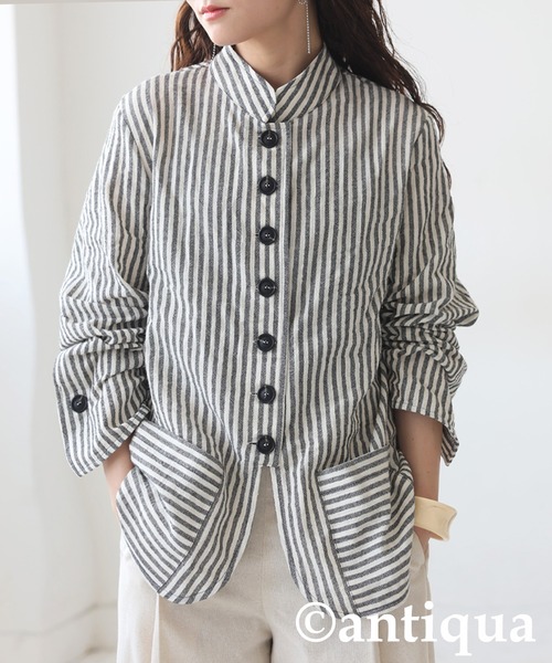 antiqua（アンティカ）の「ストライプデザインシャツ（シャツ/ブラウス・レディース・ナチュラル/ブラック・ONESIZE）」の4枚目の写真
