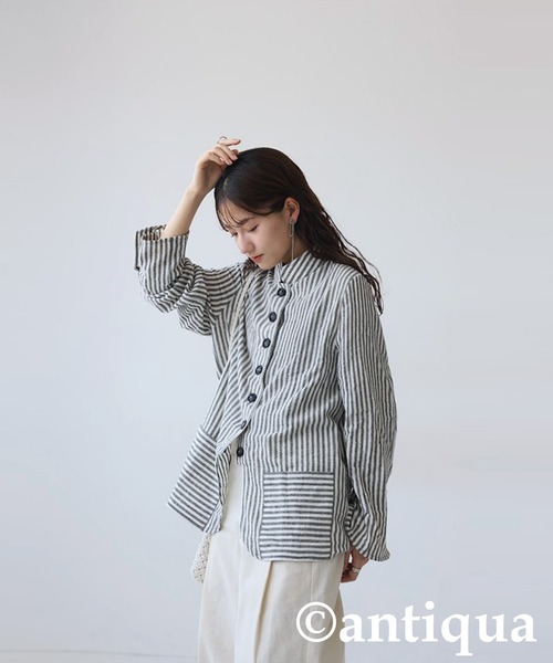 antiqua（アンティカ）の「ストライプデザインシャツ（シャツ/ブラウス・レディース・ナチュラル/ブラック・ONESIZE）」の5枚目の写真