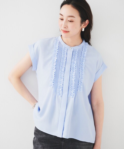 UNTITLEDスタンドネックフリルブラウス【接触冷感/吸水速乾/UVケア】新品 UNTITLED｜スタンドネックフリルブラウス【接触冷感/吸水速乾/UV