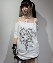 『AOSPACE』チョーカー付きオフショルプリントTシャツ