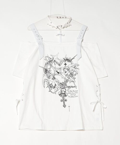 NOVESSEL(ノベセル)の「『AOSPACE』チョーカー付きオフショルプリントTシャツ(Tシャツ/カットソー・レディース・ホワイト/ブラック・FREE)」の4枚目の写真