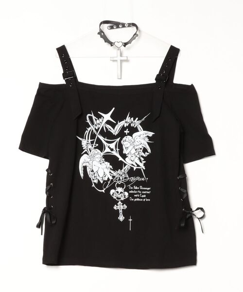 NOVESSEL(ノベセル)の「『AOSPACE』チョーカー付きオフショルプリントTシャツ(Tシャツ/カットソー・レディース・ホワイト/ブラック・FREE)」の3枚目の写真