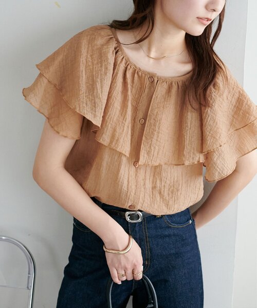 Non non dorl collection フリル付きダークブラウントップス n'OrLABELコットンフリルTシャツ』レディースファッション通販