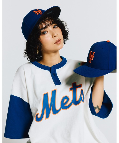 KEBOZ × MLB NEW YORK METS ROUND HEM HENLEY NECK S/S TEE（T
