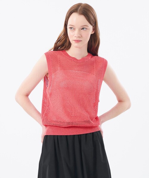 MACKINTOSH PHILOSOPHY（ﾏｯｷﾝﾄｯｼｭ ﾌｨﾛｿﾌｨｰ）の「メッシュニットベスト（ベスト・レディース・ダークネイビー/オフホワイト/レッド・38）」の3枚目の写真