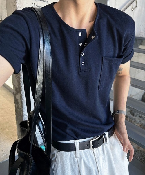 COSYHARU（コシハル）の「[MADE]ヘンリーネック半袖Tシャツ（Tシャツ/カットソー・メンズ・グレー/ネイビー/チャコール・FREE）」の4枚目の写真