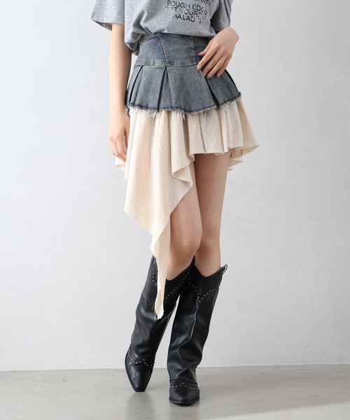 【最終値下げ】スカート　デニム　チェック　レイヤード　ミニスカート SHAGGIE スカート アシメントリーチェック柄レイヤードミニ