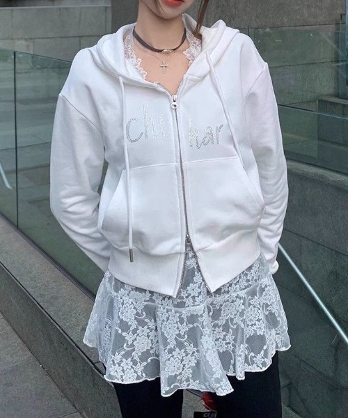LADY LIKE(レディライク)の「ラインストーンロゴダブルジップパーカー(パーカー・レディース・ホワイト/グレー・M)」の12枚目の写真