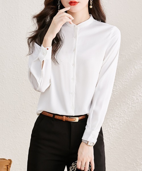 ONEP STAR(ワンピスター)の「スタンドカラー長袖シャツ(シャツ/ブラウス・レディース・ブルー/ライトブルー/ブラック/ホワイト/ピンク・MEDIUM)」の1枚目の写真