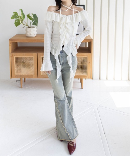 週末限定価格　the barnnet フリル ブラウス トップス キャミソール セール】ネックストラップフリルブラウス［韓国ファッション