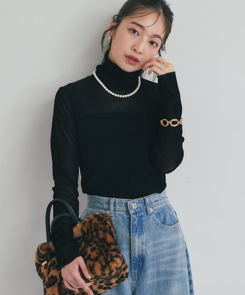 新品　フロッキーチュールタートルカットソー　ブラック　ラブティックボンボン 黒 セール】【着回し力・女っぽタートル】フロッキーチュールタートル