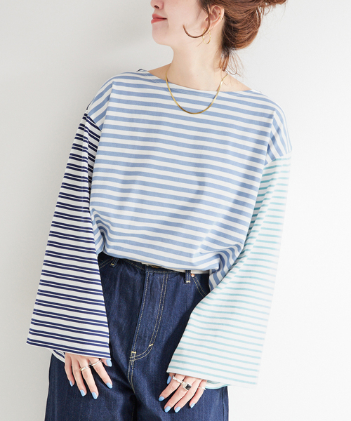 B.C STOCK（ベーセーストック）の「ウォッシャブル / OEバスクジャージパッチワークプルオーバー（Tシャツ/カットソー・レディース・ブラック/ブルー・FREE）」の2枚目の写真