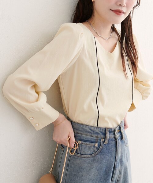 natural couture（ナチュラルクチュール）の「ハートネックパイピング配色ブラウス（シャツ/ブラウス・レディース・ブラウン/ピンク/ネイビー/アイボリー・FREE）」の5枚目の写真