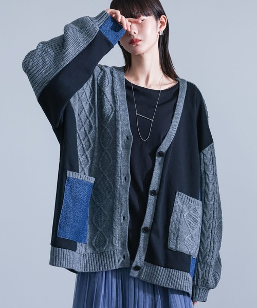 kOhAKU(コハク)の「『配色異素材切替ニットカーディガン』(カーディガン/ボレロ・レディース・杢グレー・FREE)」の1枚目の写真