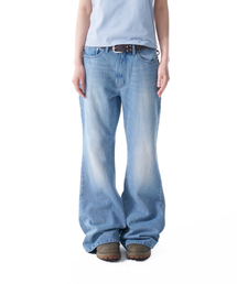 セール】98 Printed Knee Pin-tuck Denim Pants (Black)（デニムパンツ