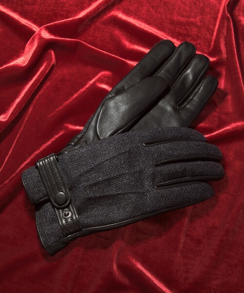 green label relaxing(グリーンレーベルリラクシング)の「MOON ムーン ヘリンボーン×レザー グローブ -タッチパネル対応-(手袋・メンズ・ネイビー/ダークブラウン/ブラック・FREE)」の3枚目の写真