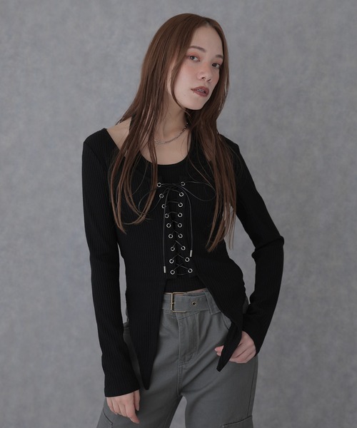 SUWDEE(スーディー)の「lace up halter layered rib tops(Tシャツ/カットソー・レディース・ブラック/グレー・FREE)」の1枚目の写真