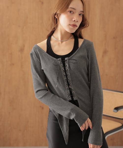 SUWDEE(スーディー)の「lace up halter layered rib tops(Tシャツ/カットソー・レディース・ブラック/グレー・FREE)」の7枚目の写真