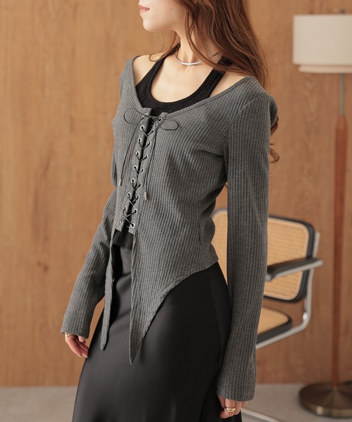 SUWDEE(スーディー)の「lace up halter layered rib tops(Tシャツ/カットソー・レディース・ブラック/グレー・FREE)」の8枚目の写真