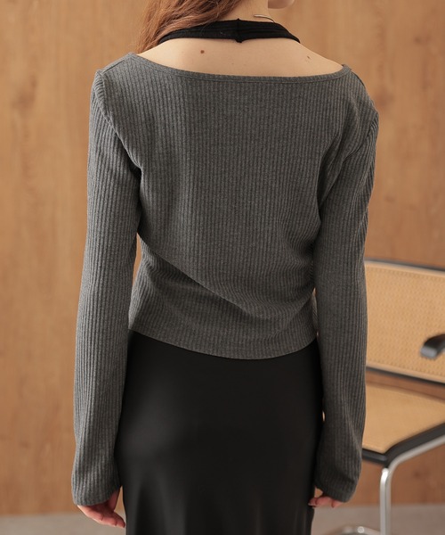 SUWDEE(スーディー)の「lace up halter layered rib tops(Tシャツ/カットソー・レディース・ブラック/グレー・FREE)」の9枚目の写真