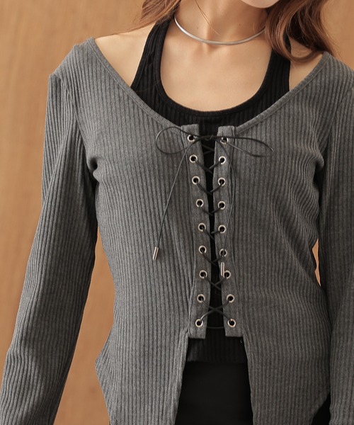 SUWDEE(スーディー)の「lace up halter layered rib tops(Tシャツ/カットソー・レディース・ブラック/グレー・FREE)」の10枚目の写真