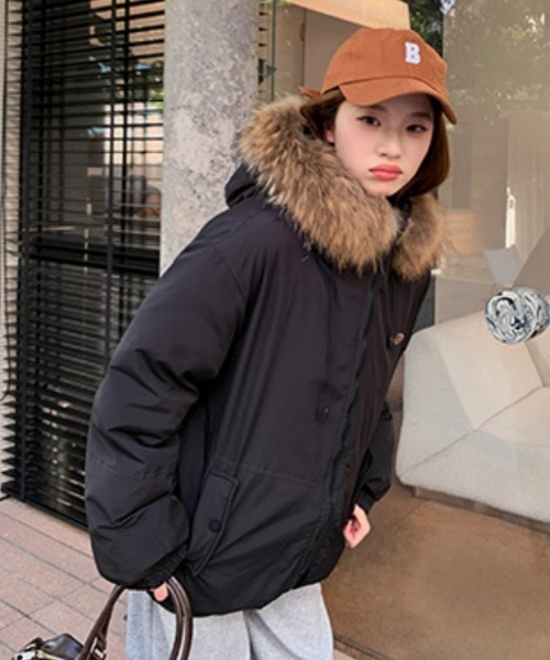 セール】フェイクファーフード付き スタンドカラー エコダウン