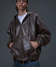 NOT4NERD（ノットフォーナード）の「Crop Leather Vintage Hooded Jacket - Brown（ライダースジャケット）」